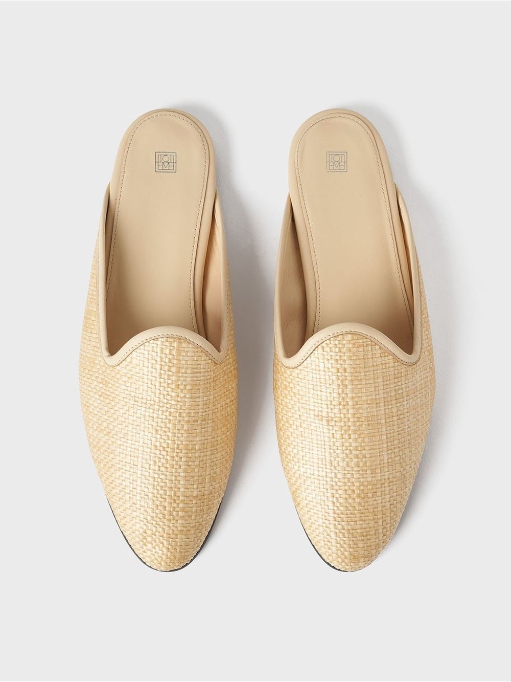TOTEME Raffia Leather Trim Mule Slipper Flat in Light Beige